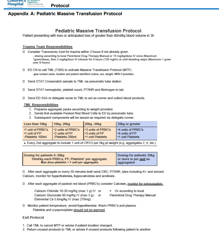 a pdf document showing the protocol for pediatric massive transfusion